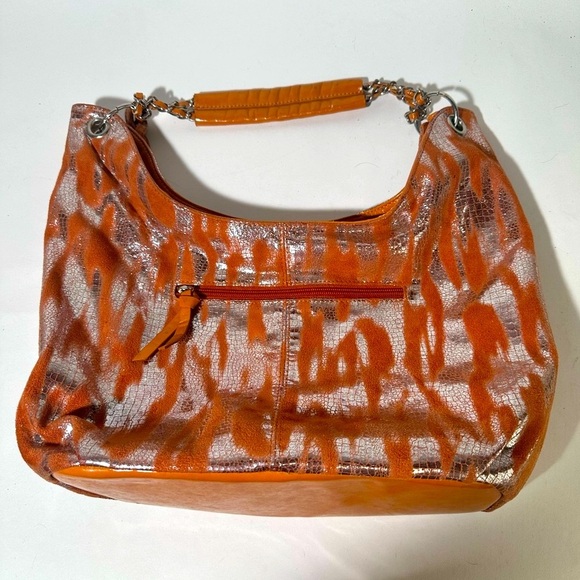 Orange and Silver Tiger Print Hobo Bag with Glossy Finish - Picture 1 of 7